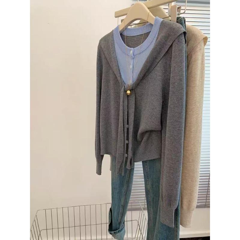 

Grey fake two-piece long-sleeved knitted sweater, women s thin new high-end top, early autumn atmosphere wear S