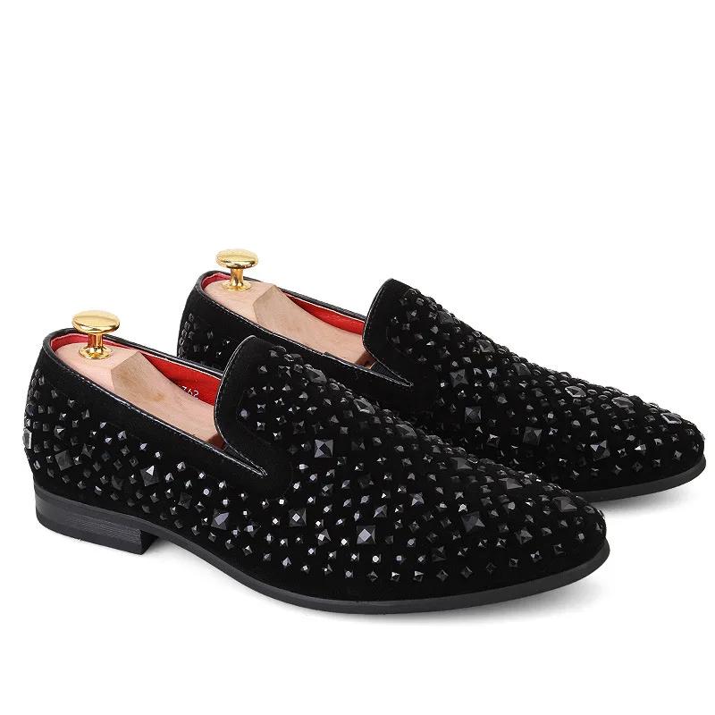 Fashion Men Leather Shoes Man Loafers Casual Fashion Mens Rhinestone Driving Shoes Man Flats Dress Wedding Slip-on Club Sneakers New