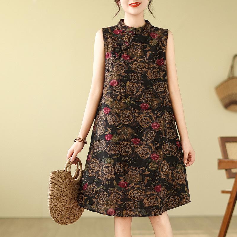Retro Modified Disc Button Cheongsam Skirt Loose Slimming Sleeveless Printed Dress