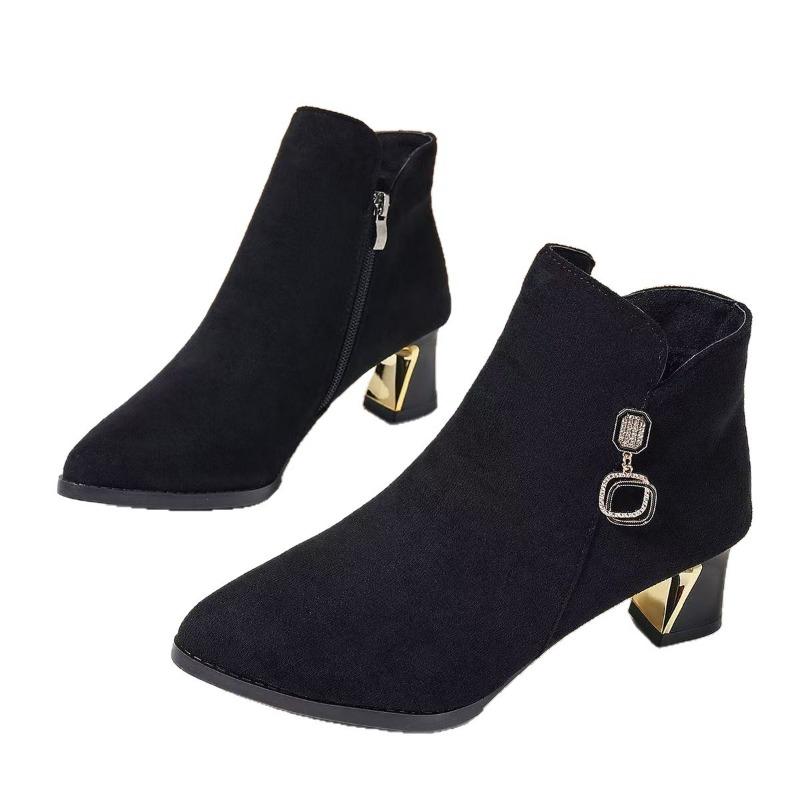 Zomšiniai trumpi aulinukai moterims rudens ir žiemos nauji temperamento aulinukai moterims vidutiniu kulnu kvadratiniu ir Martin aulinukai šoniniu užtrauktuku smailianosiai moteriški aulinukai