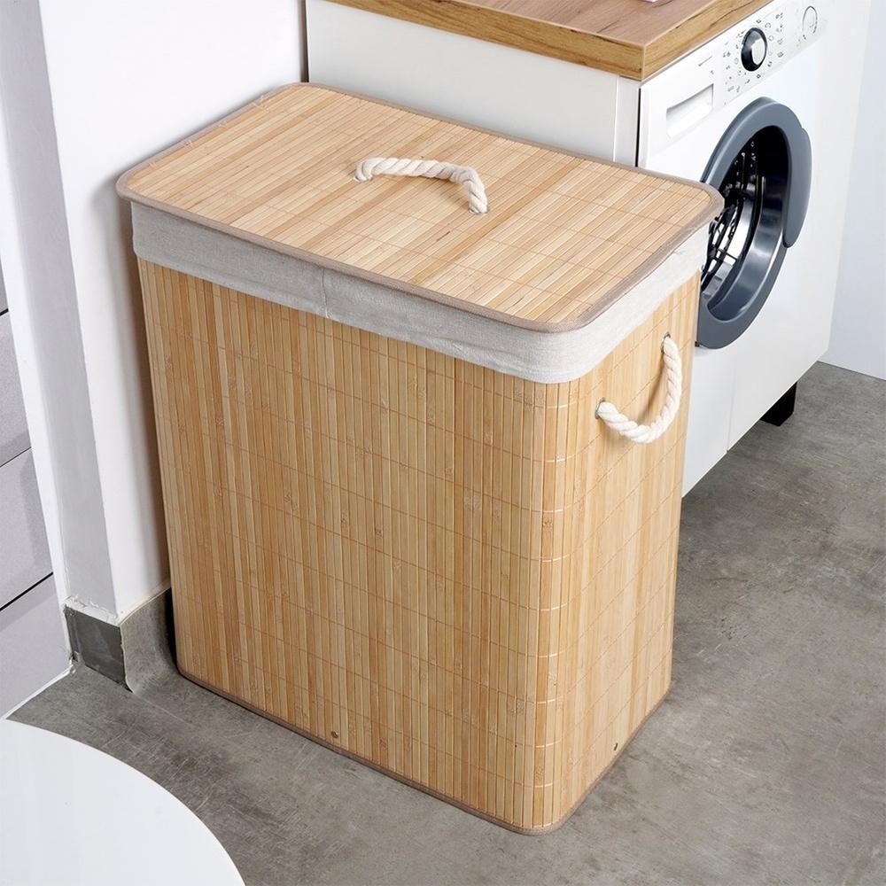 Bamboo Bathroom Laundry Basket, Double Compartment, Split, for Clothes