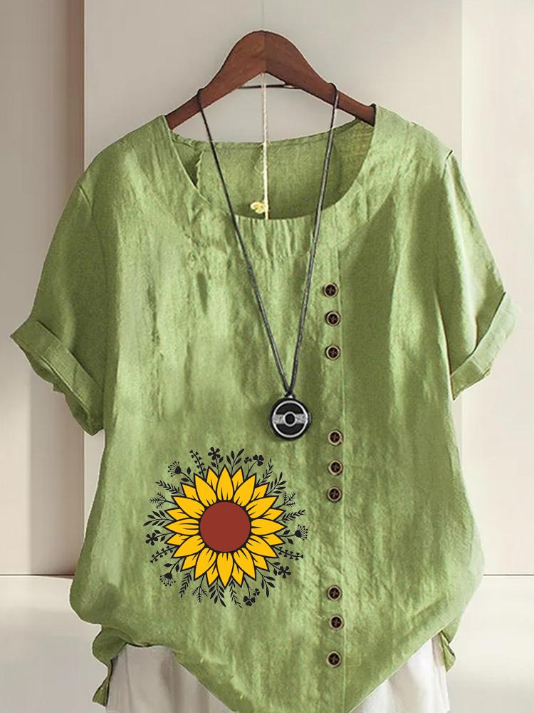 Women's Fashion Sunflower Flowers Print Shot Sleeve T-shirt Loose Cotton Shirt Casual Loose Summer Blouse Tops Plus Size