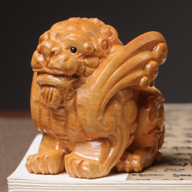 Golden Cliff Cypress Sandalwood Pixiu Handheld Ornament - Wooden Home Craft Carving. 6.5x6x5.2 cm