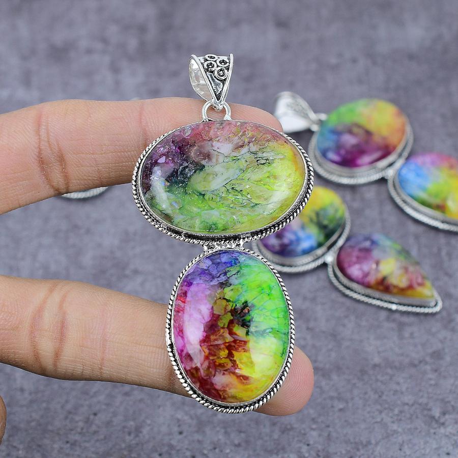 Natural Rainbow Solar Quartz Gemstone 925 Sterling Silver Pendant 3.31" P6k22