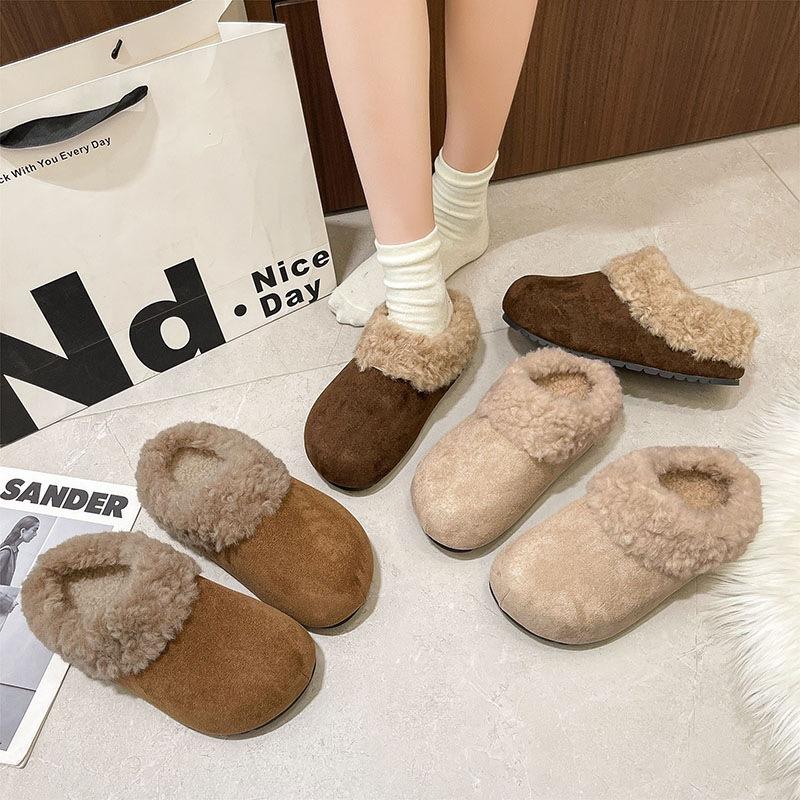 Autumn and Winter Wear Retro Bag Head Half Slippers Women's Thick Bottom Warm Plush Cotton Slippers