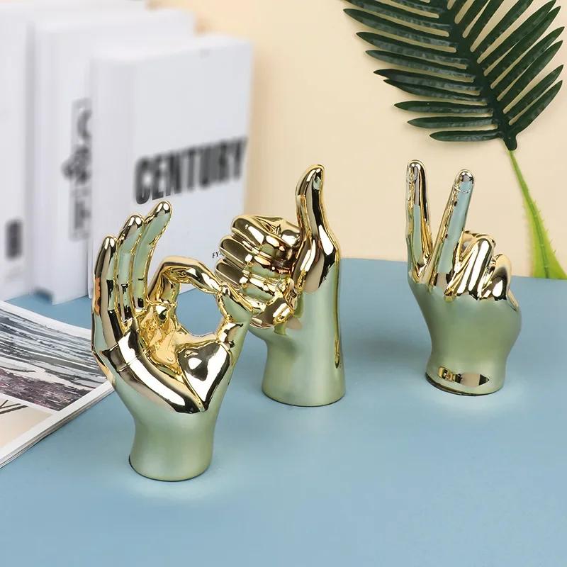 Nordic Creative Gold Silver Color Plating Finger Art Sculpture Abstract Gesture Statue Living Room Office Study Decorations