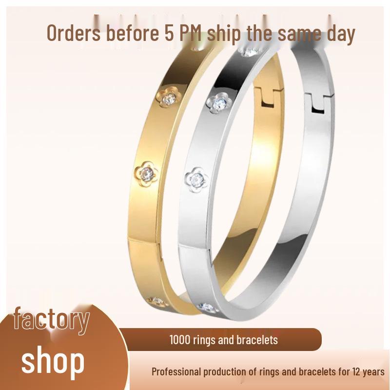 Women's Four-Leaf Clover Titanium Steel Bracelet with Inlaid Diamonds - Fashionable, Non-Fading Jewelry