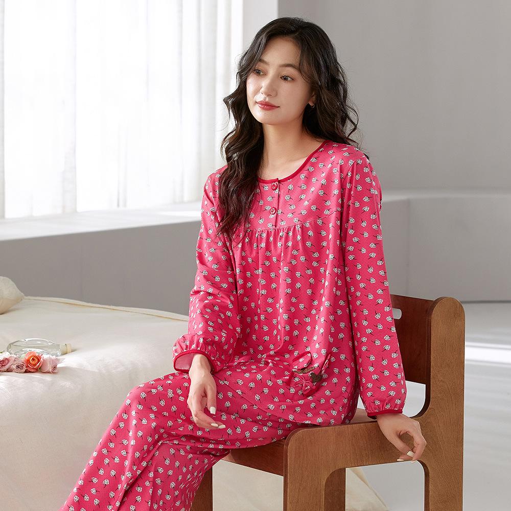 

Женский осенний пижамный комплект с длинным рукавом - Ликра-хлопок, Свободный крой, Большой размер, Тонкий, Повседневный для мам среднего возраста M (Height 155-160cm, Weight 80-100kg)