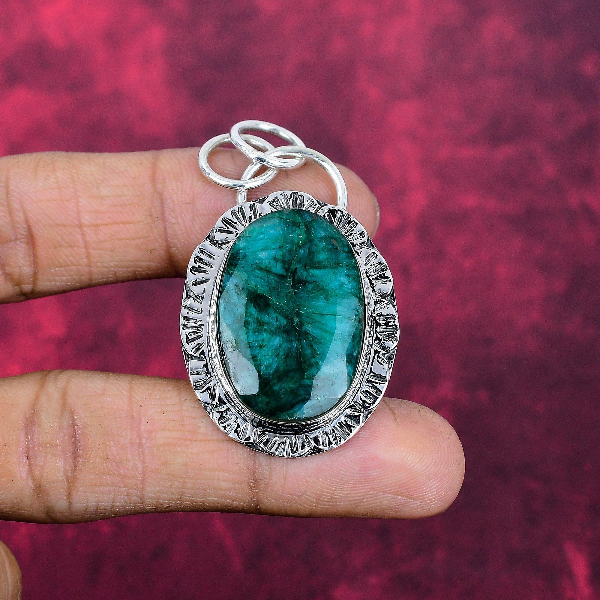 

Lab Created Emerald Pendant, 925 Sterling Silver Pendant Gemstone Jewelry, Handmade Pendant Amazing Jewelry, Gift For Her 2.16 Inches