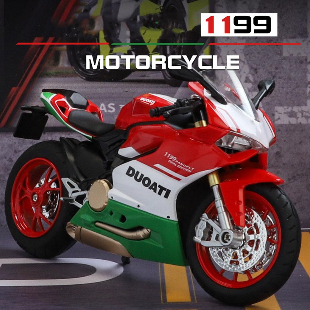 1:12 Skala 1199 Motorrad Spielzeugmodellautos Legierung Druckguss Stoßdämpfung Ton Licht Kettenverbindung Simulation Motoren für Jungen