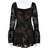 Damen Quadratischer Halsausschnitt Langarm Mini-Kleid Schlanke Passform Hohe Taille Blumenspitze Glockenärmel A-Linie Sexy Rückenfrei Partykleid