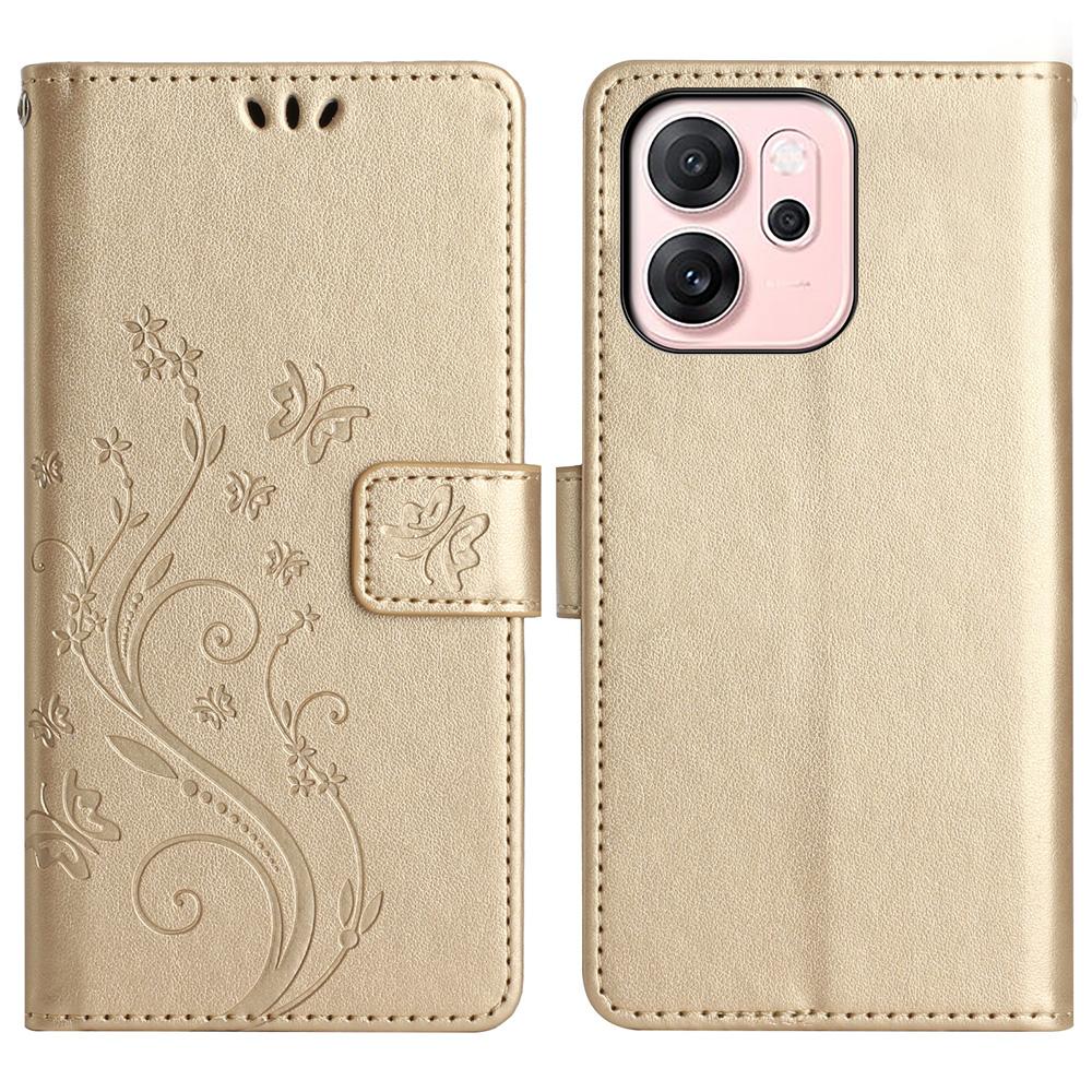 For Oppo Reno14 F 5G Leather Wallet Case Butterfly Flower Imprinted Phone Cover with Strap