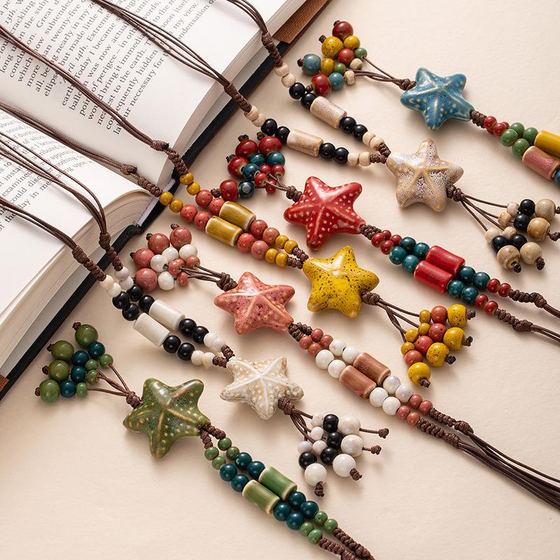 Colier de vară ceramic colorat cu mărgele în formă de stea de mare, lung, cu frânghie împletită, accesoriu
