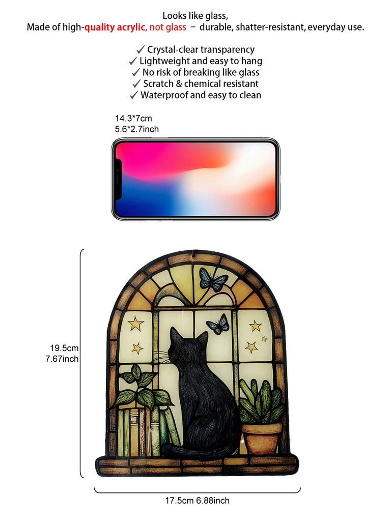 Acrylic Black Cat Window Hanging Decor, Arch Window with Butterfly/Stars/Books/Plants Design, Art Wall Ornaments for Home&Garden