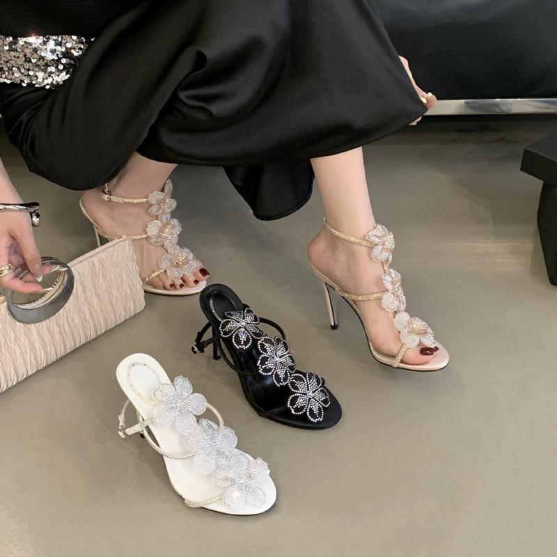 Fashion Luxury Rhinestones Lace Flowers Decor Women Gladiator Sandals Fashion Narrow band Ankle Strap High heels Summer Party Prom Shoes