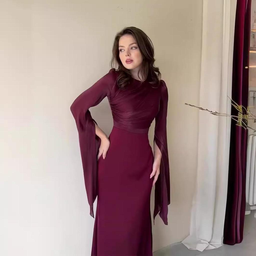 Elegant  Maxi Dress with Bell Sleeves and Side Slits Women's Formal Evening Gown