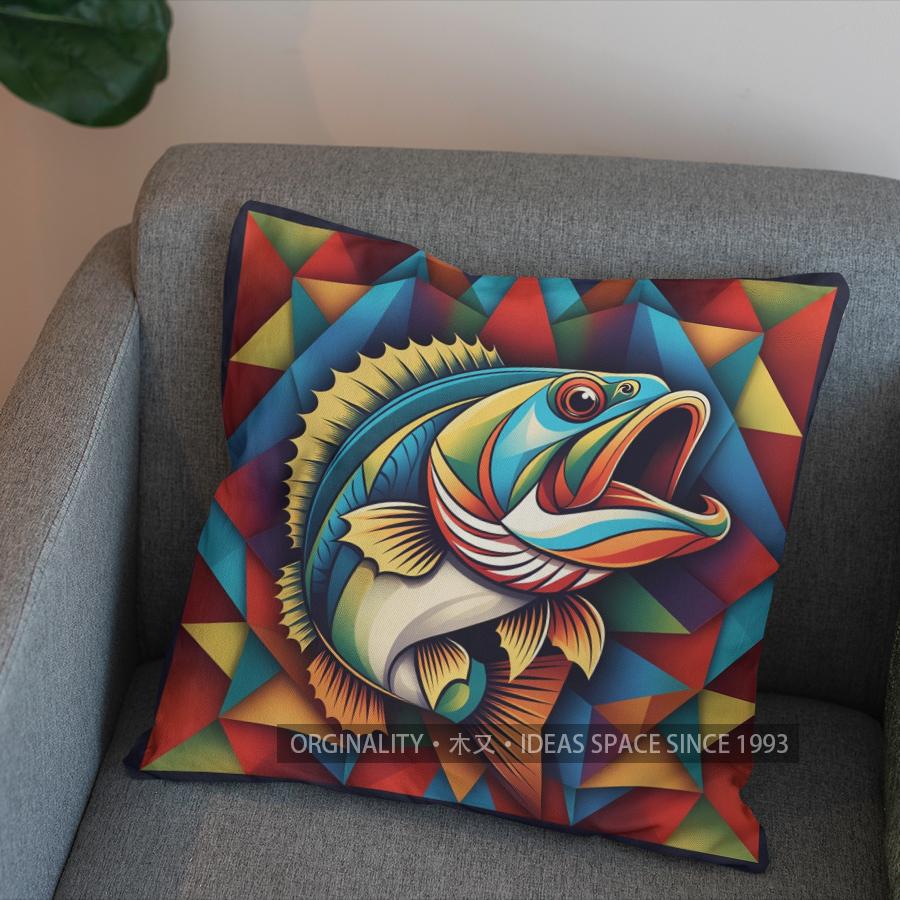 2D Colorful Fish On Mosaic-Patterned Pillow Cover Pattern Cushion Cover Suitable For Sofa Bedroom Car Pillow Cover