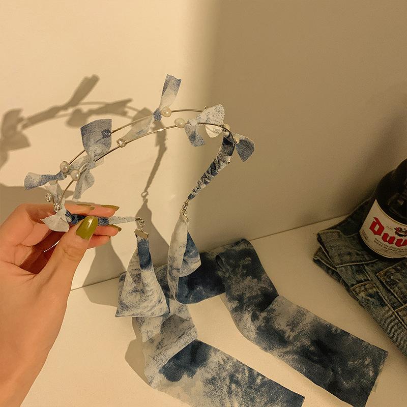 

Синяя двойная жемчужина повязка на голову женская резинка для волос система с летним супер феерическим бантом плетеная лента для волос стример синий