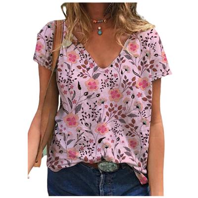 2021 Neues Damen Sommer T-Shirt Mode Blumendruck Lässig Damen V-Ausschnitt Kurzarm Pullover Top 3XL Größe Locker Streetwear