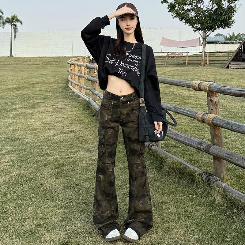 

Retro Camo Slim Fit Micro-Flare Jeans: Unisex Multi-Pocket Workwear XL: Height 155-165CM (121-131 lbs)