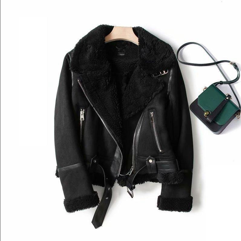 Winter Dicke Parka Warme Wildleder Lamm Pelz Wolle Jacke Frauen Faux Lammfell Leder Jacken Outwear Kurze Motorrad Biker Mantel