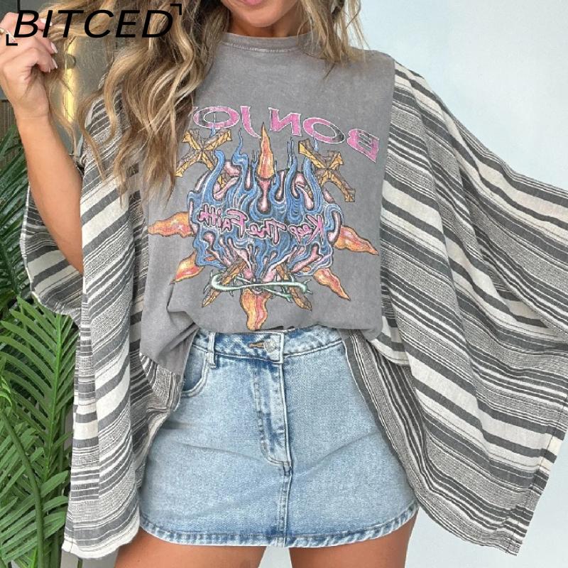 BITCED Women's Printed O-Neck Loose-Fit Casual Top