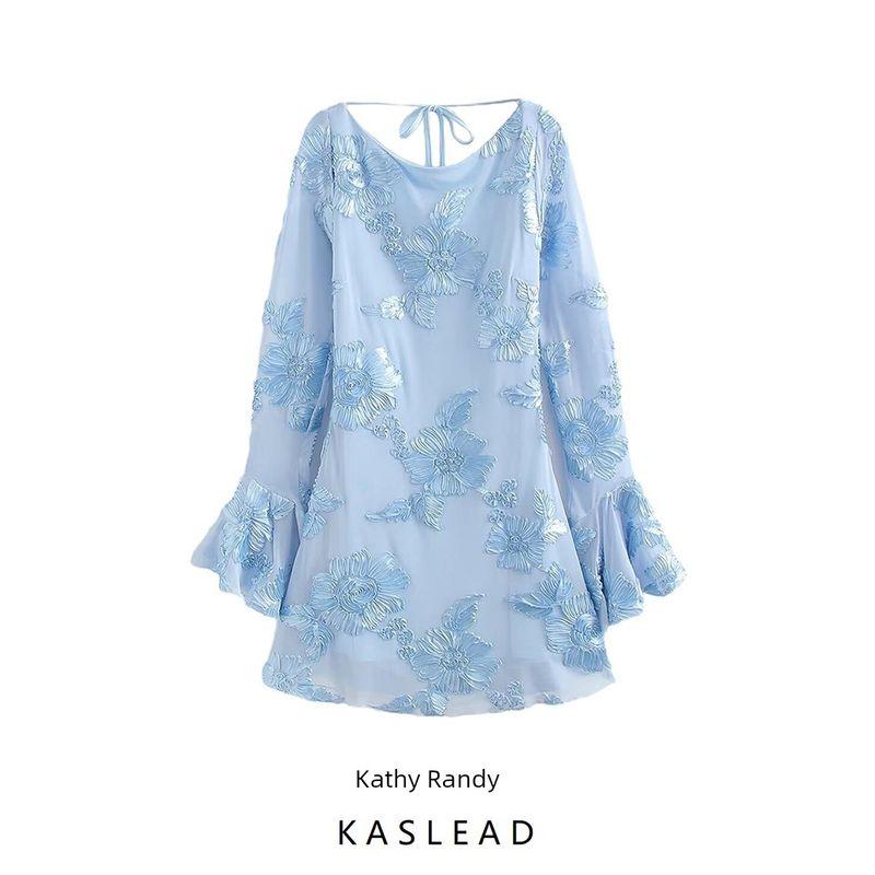 Kaslead New Arrival Women's Clothing Fashion Style Fashion Simple Mesh Stereo Floral Decorations Long Sleeves Backless Dress