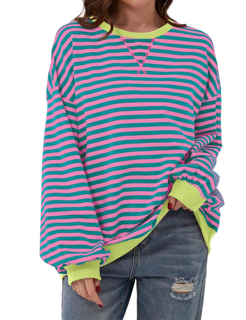 2026 Spring Striped Floral Round Neck Long Sleeve Color Block Hoodie