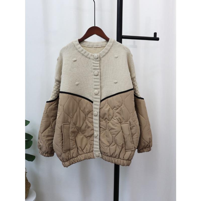 Splicing Cotton Clothes Knitted Cardigan Autumn and Winter New Design Sense Loose Lazy Wind Sweater Jacket Women