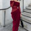 Elegant Off-shoulder Long-sleeved Mesh Long Skirt for Women Autumn and Winter One-shoulder Slim High-waisted Dress