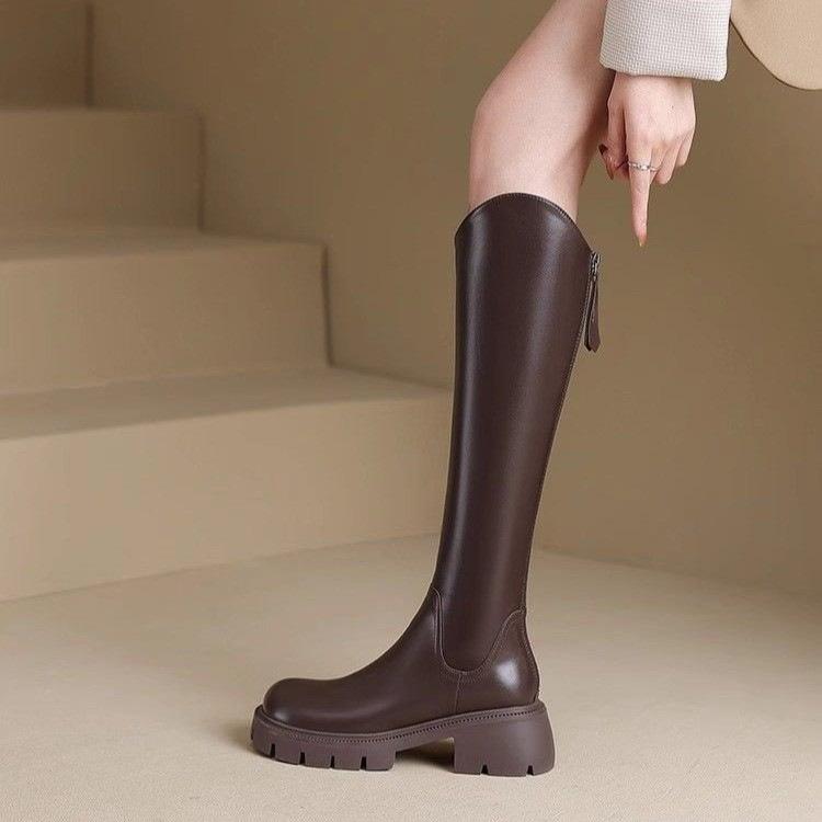 Long Boots, Real Soft Leather V-mouth New Women's Autumn and Winter Velvet Brown Heightened Thick-soled High Tube Versatile Knight Boots