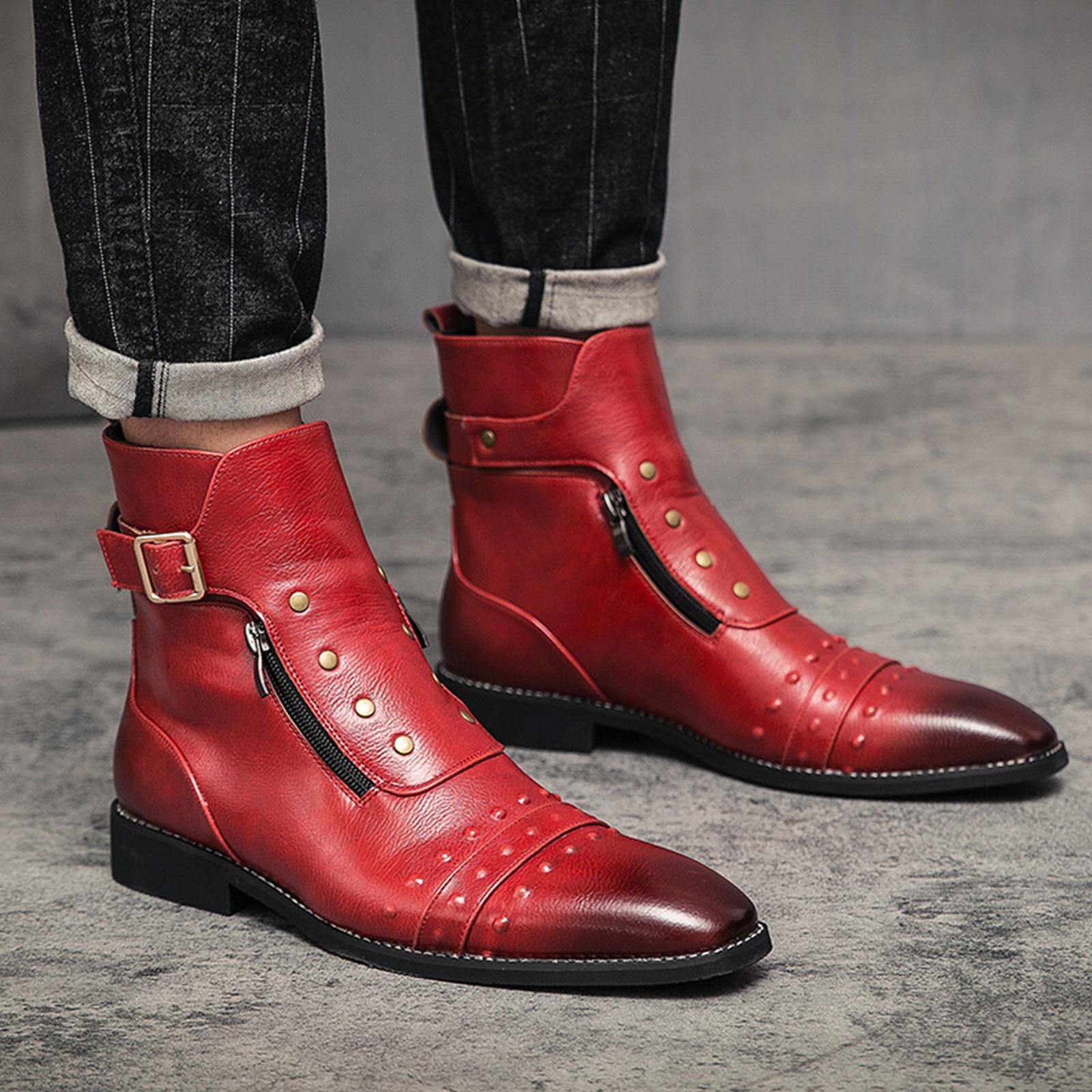

Мужские ботинки, британские повседневные туфли с острым носком, высокие кожаные ботинки в стиле ретро 46 красный
