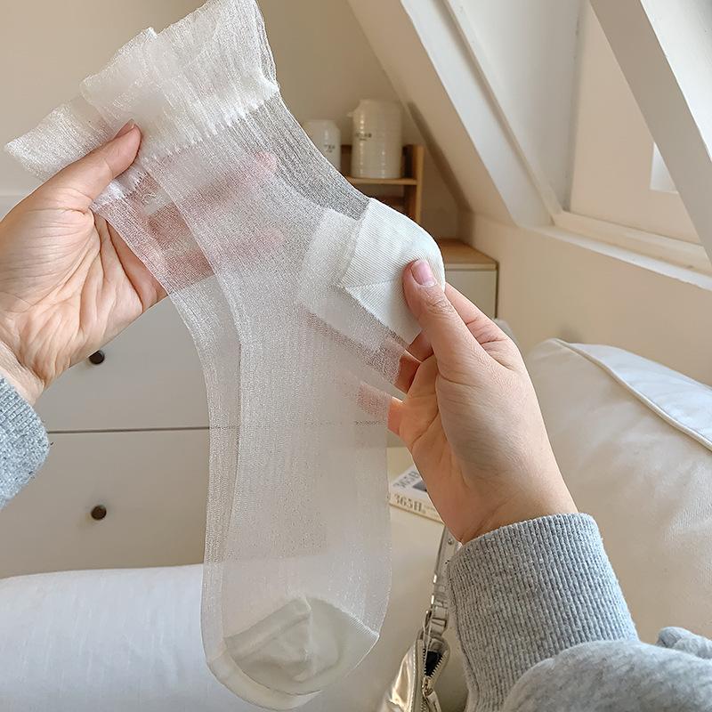 Female Summer Lace Ballet Wind Breathable Clear Glass Silk Mid Tube Pile Socks