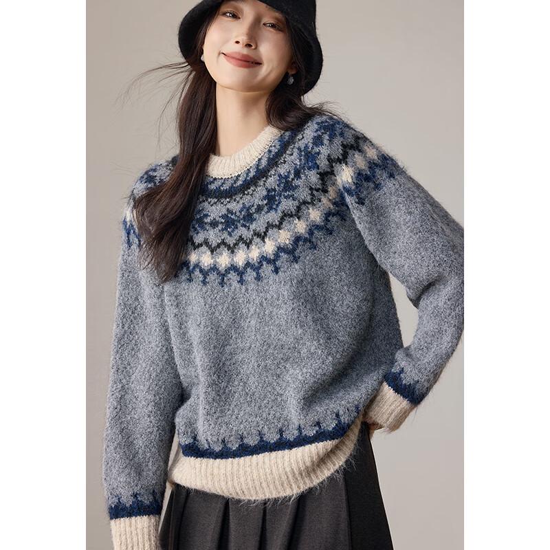 VICTORIA&VERA Women's Fair Isle Jacquard Round Neck Knit Sweater