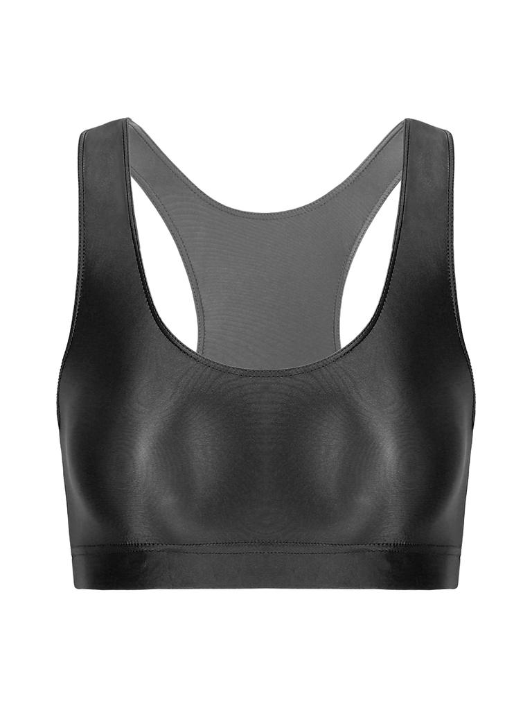 Dámský lesklý tílko s U výstřihem, bez rukávů, zkrácená vesta, jednobarevný design, sportovní, fitness, jóga top