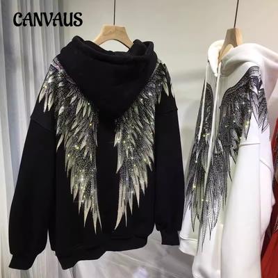 Autumn and Winter Women's Hoodie Plus Size Heavy Industrial Hot Drilling Light Luxury Front and Back Wings Hooded Long Sleeve Padded Jacket Sweatshirt