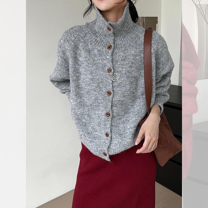 Vintage Röd Halvhög Hals Tröja Kofta för Kvinnor - Mjuk Stickad Höst/Vår Topp