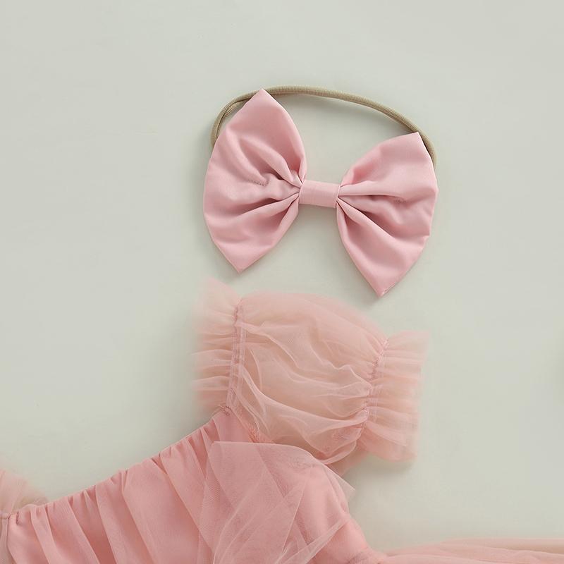 0-24M Princess Baby Girl Romper Nyfødt Spedbarn Småbarn Tyll Jumpsuit + Pannebånd Prinsesse Bursdag Puff Erme antrekk