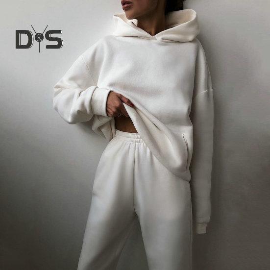 

Женский зимний осенний спортивный костюм, комплект со штанами и капюшоном, однотонный свободный мягкий повседневный теплый эластичный пояс с карманами, толстый комплект брюк для бега M чёрный