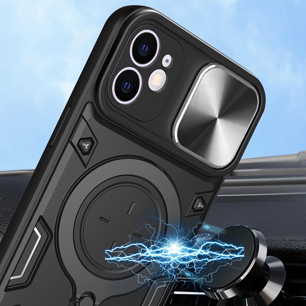 For iPhone 12 6.1 inch Slide Camera Lid Phone Case Rotatable Kickstand PC+TPU Shockproof Cover