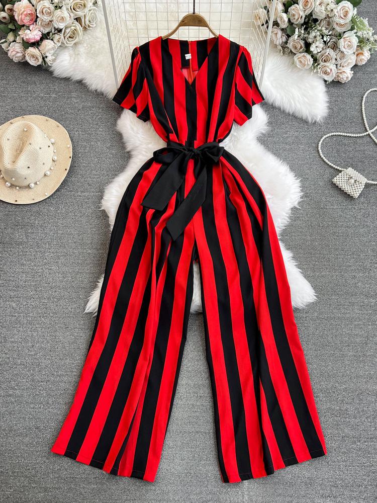 Fashion Celebrity Short Sleeve V-Neck Striped Dress Pants Casual High Waist Skinny Straight Wide Pants Jumpsuit