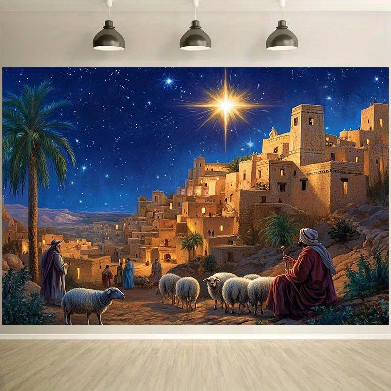 Bethlehem Christmas scene Background - Starry night  shepherd  sheep and rural architecture theme - Artisan  polyester