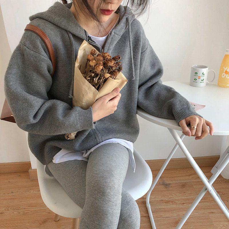 Cardigan tricotat solid Harajuku pentru femei, versiune coreeană, cu fermoar, pulover cu glugă, vânt leneș, topuri decupate, haine