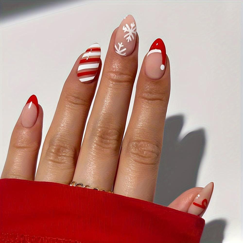 24 Pcs French Press on Nails Almond Christmas Hat Red and White Striped Bow Snowflake False Nails Kawaii Fake Nails Medium