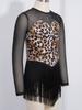 Children’s Latin Dance Competition Dress Leopard Print Fringe Long Sleeve Keyhole Back Mesh Patchwork Sparkling Rhinestone Tassel