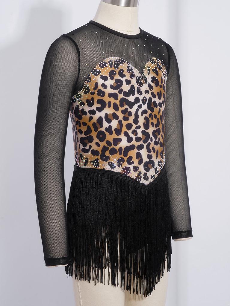 Children’s Latin Dance Competition Dress Leopard Print Fringe Long Sleeve Keyhole Back Mesh Patchwork Sparkling Rhinestone Tassel