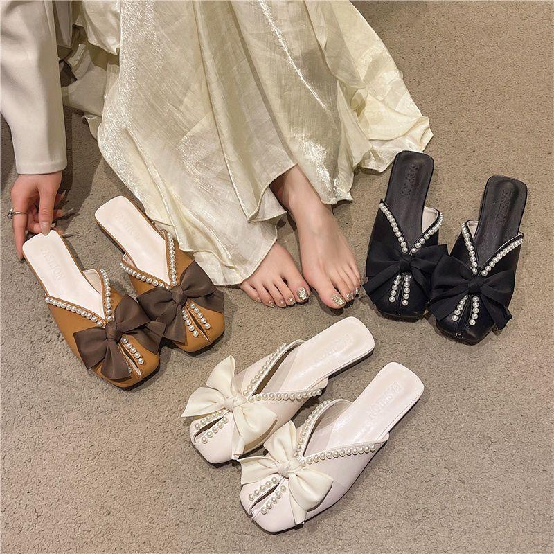 Baotou half slippers women's summer wear 2025 new Korean version bow pearl flat bottom soft bottom fish mouth sandals