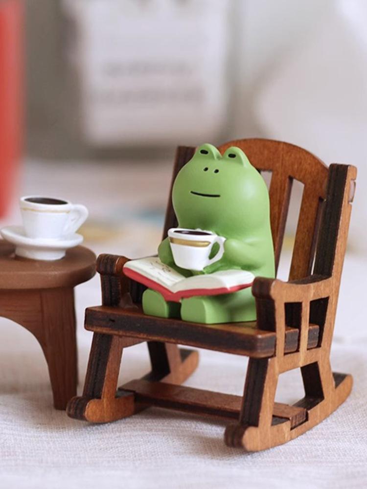 Cute Sitting Frogs Craft Resin Drinking Coffee Frog Micro Landscape Miniature Frog Read Book Figurines for Shelf Desk Decoration