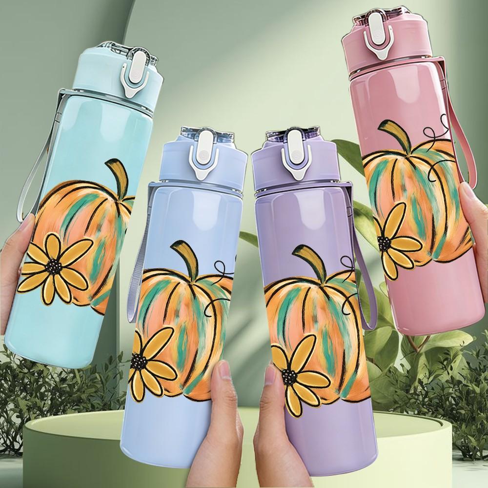 1PC Autumn Pumpkin Floral Art 750ml Color Plastic Sports Water Bottle Leakproof Flip Straw Lid Suitable for Sports Office Home Use