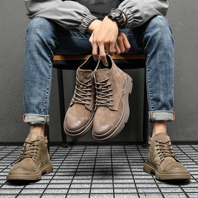 2025 Autumn Winter Shoes Men Ankle Boots Genuine Leather Fashion Mens Boots Flat Non-slip Warm Plush Winter Footwear D201